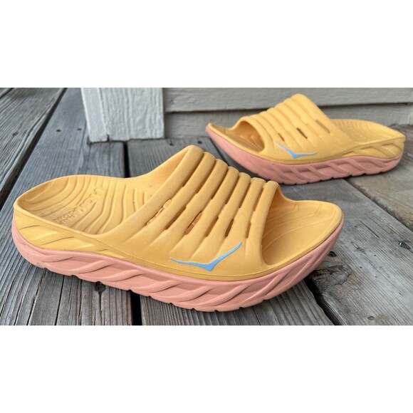 Hoka One One Shoes - Hoka One One Ora Women's 11 Men's 9 Recovery Slides Amber Yellow/Shell Coral